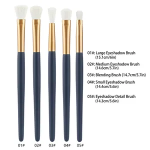 5-piece blue eye makeup brush set with white bristles and gold ferrules for professional use
