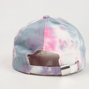 Rear view of tie-dye baseball cap featuring silver metal buckle and pastel ink patterns