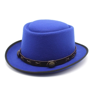 Royal blue wool felt jazz fedora with vintage leather band and metal buckle detail