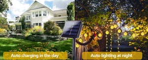 Solar globe string lights showing auto charging by day and warm lighting at night