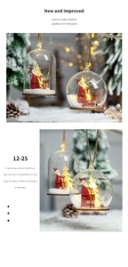 Close-up of Christmas LED glass pendant with warm micro landscape and wooden Santa scene
