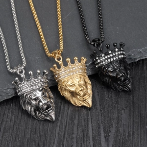 Hip hop lion head crown pendants in gold, silver and black finishes on stone
