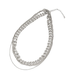 Three-layer silver chunky Cuban chain necklace with minimalist layered design and metal clasp