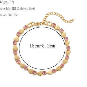 18K gold plated stainless steel heart bracelet with pink gems 18cm plus 5cm length