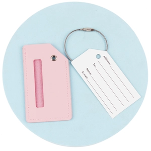 Detailed pink PU leather luggage tag set with steel ring and white info card