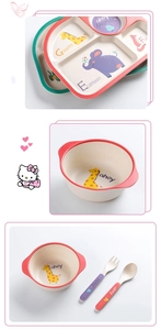 Detailed view of bamboo fiber kids dinnerware set with sectional plate and cutlery