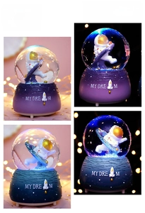 Dettaglio carillon a sfera di cristallo astronauta con base sfumata e luce LED