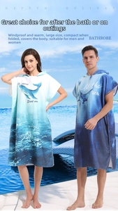 Close-up of adult microfiber quick-dry hooded towel robe featuring whale and ray designs