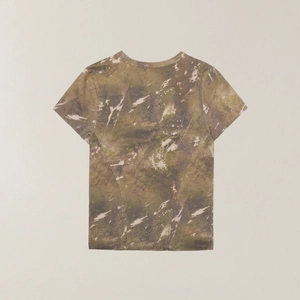 Flat lay of slim fit sports tee featuring earth tone hurricane camouflage pattern