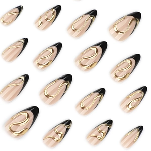 Faux ongles French noirs avec lignes dorées 3D et design artistique en amande