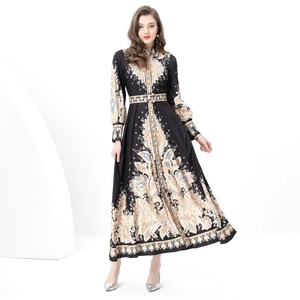 Elegant long-sleeved paisley maxi dress with waist belt and court-style floral prints