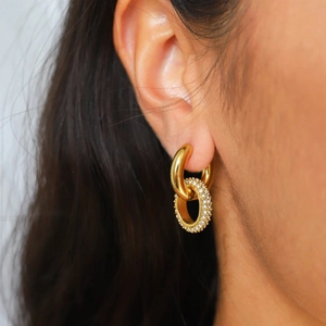 Fashionable 18K gold-plated stainless steel double hoop earrings with cubic zirconia