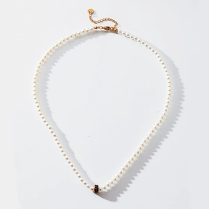 Vintage 18k gold plated stainless steel pearl necklace with black bead and extension chain