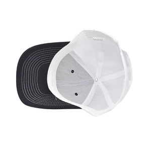 Detailed interior of black and white mesh trucker hat with sweatband and wash label
