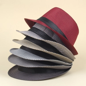 Stack of checkered fedora hats in various colors showcasing wool blend textures