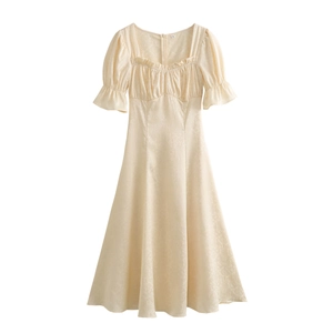 Robe Midi Élégante En Jacquard Col Carré Volants Manches Bouffantes Courtes Taille Haute Coupe Ajustée Polyester Femme