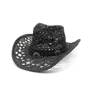 Black hollow weave cowboy straw hat with vintage leather band and wide jazz brim