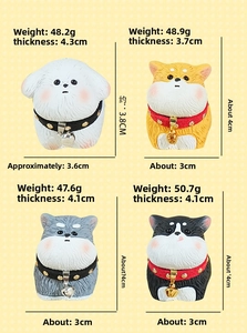 Detailed size chart and weight specifications for resin dog figurines in four styles