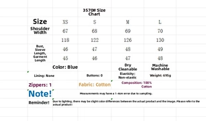 Detailed size guide table for distressed denim jacket with material and care info