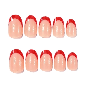 French tip almond press-on nails featuring vibrant red edges and natural nude base