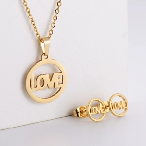 18K Gold Plated 316L Stainless Steel Hollow Round LOVE Letter Pendant Necklace And Earrings For Women Simple Romantic