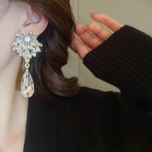Gros plan de boucles d'oreilles pendantes en cristal avec motifs floraux sur un modèle
