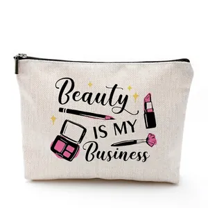 Waterproof cotton linen makeup bag with Beauty Is My Business print and zipper closure