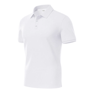 Detail of white men's polo shirt showing XXL label and breathable polyester mesh texture