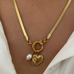 Gold stainless steel snake chain necklace with heart, letter S and pearl charms