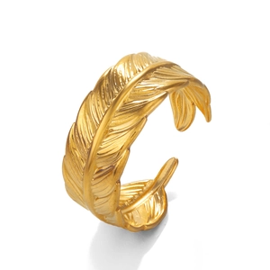 Minimalist gold-plated stainless steel feather open ring with detailed texture for women