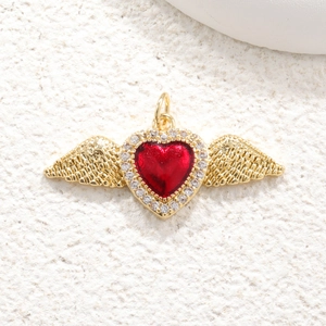 Golden angel wing pendant with red enamel heart and crystal crown in royal style