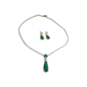 Vintage jewelry set featuring emerald green teardrop necklace and matching stud earrings