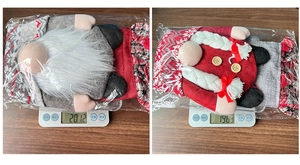 Detailed view of Gnome Christmas chair covers being weighed on a digital scale