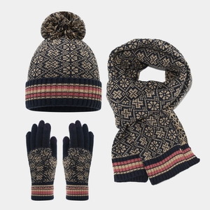 Bonnet Écharpe Et Gants Écran Tactile Acrylique Tricot Jacquard Motif Géométrique Pompon Hiver Chaud Extérieur