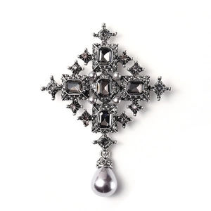 Vintage Gothic cross brooch with grey crystals and a hanging teardrop pearl pendant