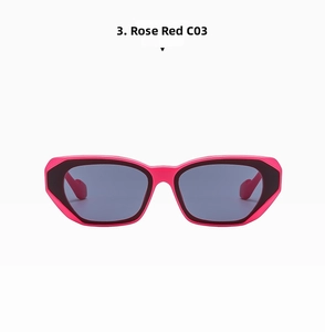Detail of rose red and black square sunglasses showing two-tone frame and grey lenses