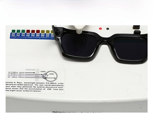 Detail der UV400-Schutzprüfung für quadratische schwarze Sonnenbrillen auf einem Messgerät