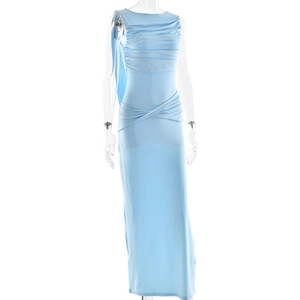 Detail of light blue sleeveless maxi dress with pleated texture and waist knot detail