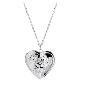 Silver stainless steel heart locket necklace with vintage rose relief on white background