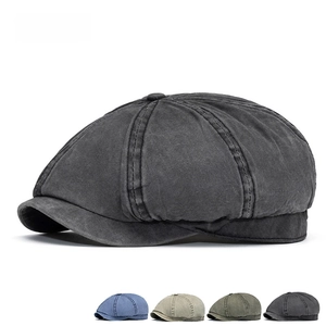 Vintage washed cotton newsboy cap in charcoal grey with classic eight-panel stitching design