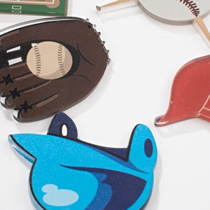 Acrylic baseball set keychains featuring glove, helmet and batter silhouette on white background