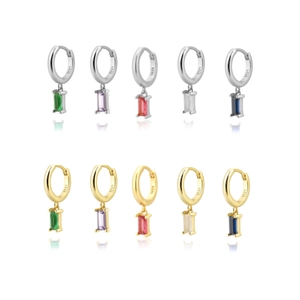 S925 sterling silver hoop earrings with rectangular zircon drops in multiple colors