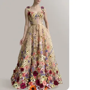 Women's Elegant 3D Floral Embroidery Chiffon Maxi Dress Sleeveless Spaghetti Strap Party Wedding Banquet A-Line Long Dress