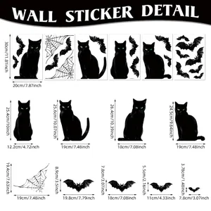 Halloween black cat and bat wall stickers size guide with dimensions for home decor