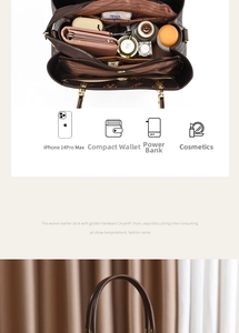 Detail view of brown pebbled leather tote interior with multiple compartments and pockets