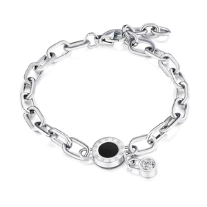 Silver Roman numeral chain bracelet with black circular pendant and sparkling zircon