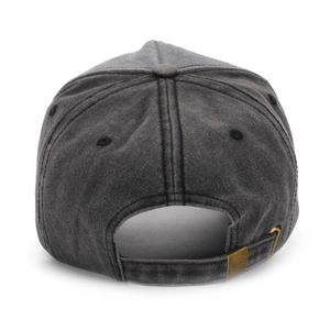 Detail of vintage washed denim baseball cap with an adjustable bronze metal buckle at back