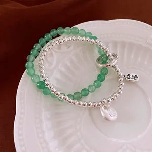 Double-layer beaded bracelet with green agate, silver metal beads and Ruyi lock charm