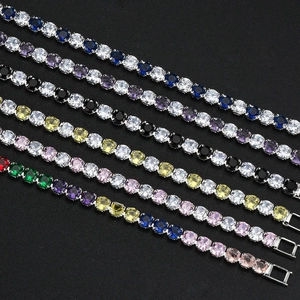 Detailed macro view of multi-colored zircon tennis bracelets in six vibrant color variations