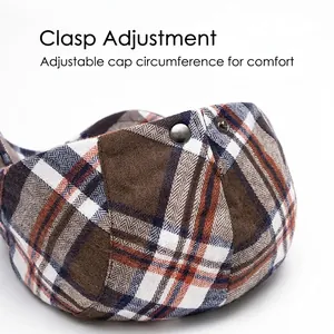Plaid newsboy flat cap with adjustable metal buckle closure for custom fit